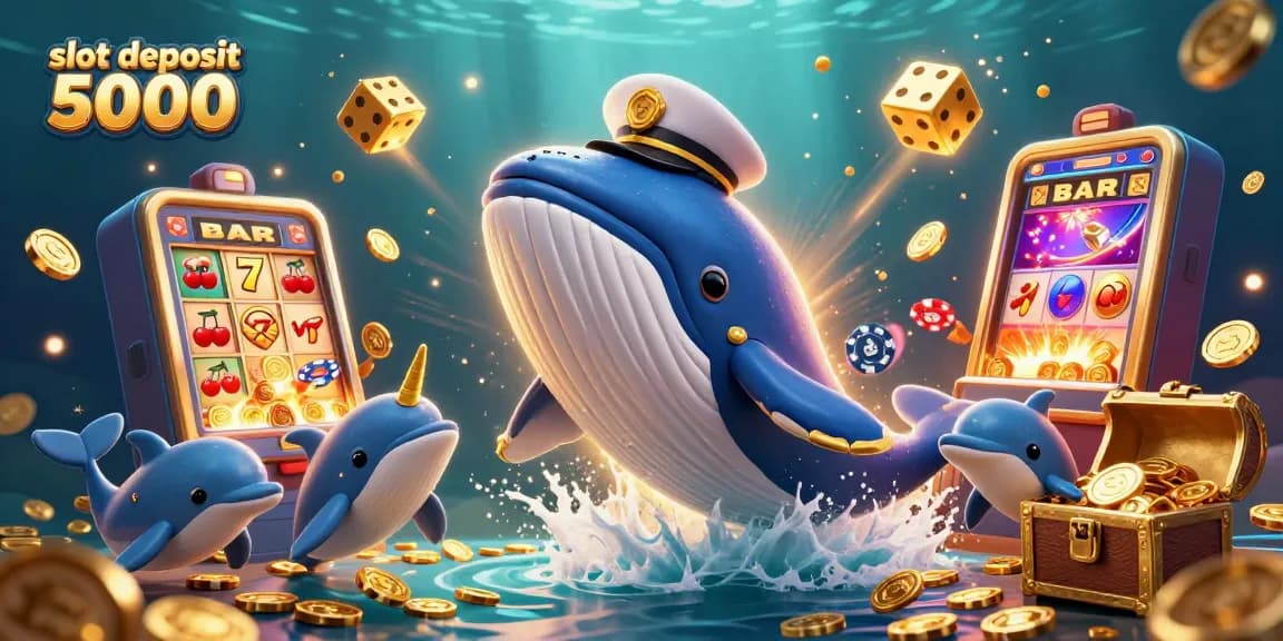 Spin the thrilling slot deposit 5000 game, featuring vibrant casino icons and playful sea creatures.