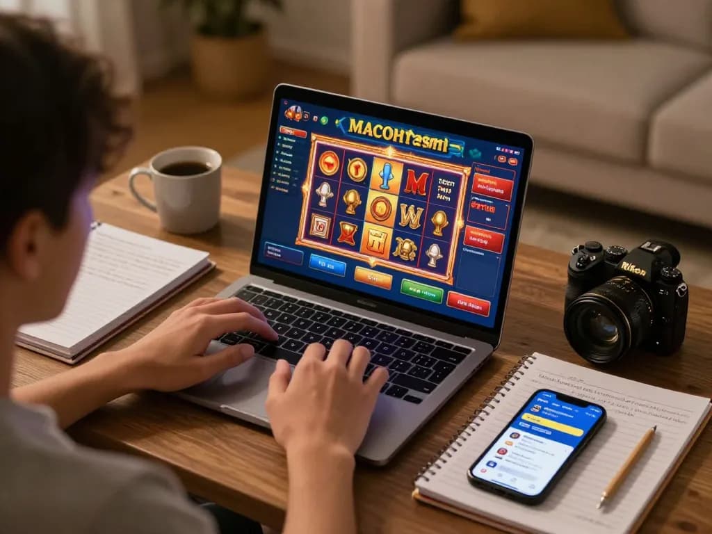 Engaging with slot macau resmi during online gaming session, showcasing strategy notes and cozy atmosphere.