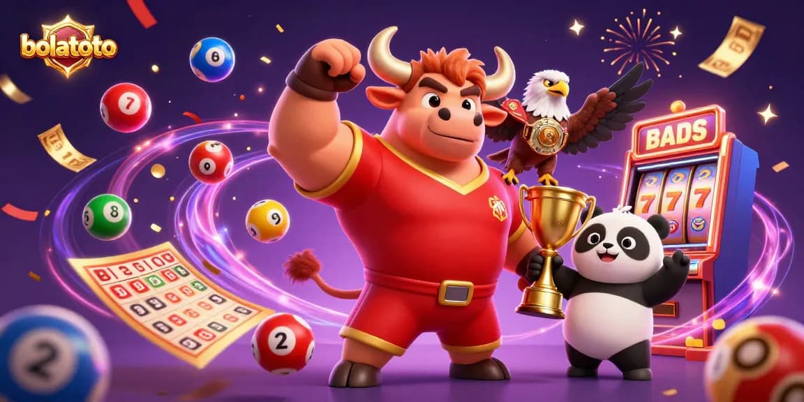 Bolatoto showcases a thrilling casino scene with joyful characters celebrating gaming success amidst vibrant slot machine elements.