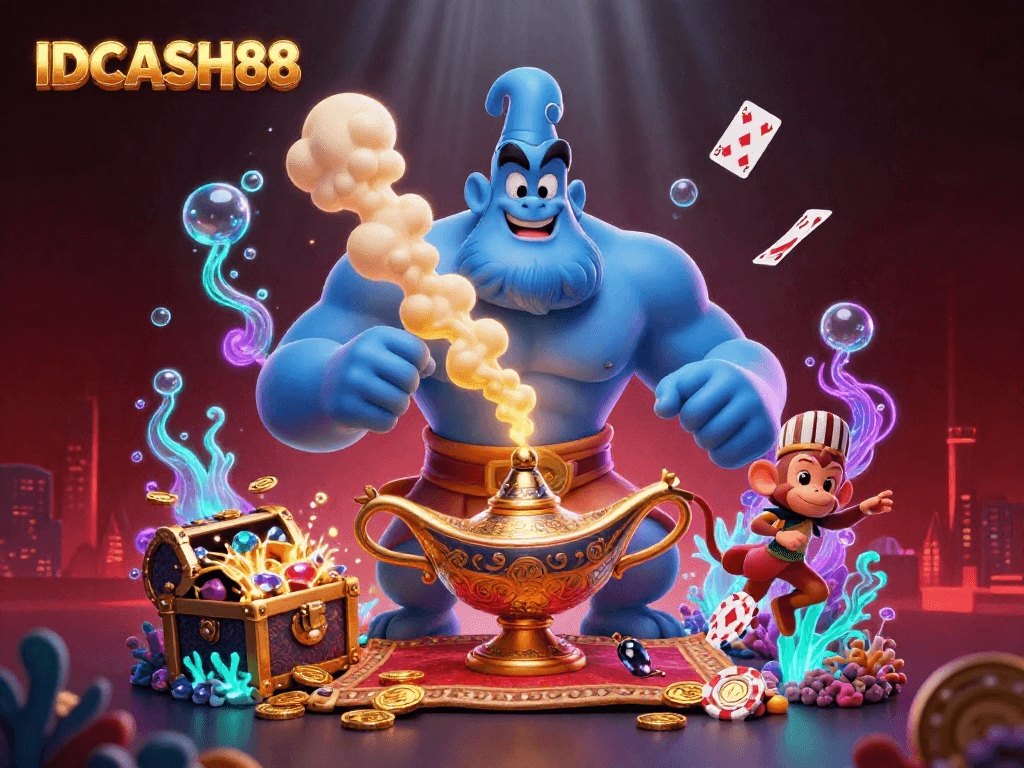Engage with IDCASH88's immersive 3D casino adventure featuring a genie, monkey, and poker chips.