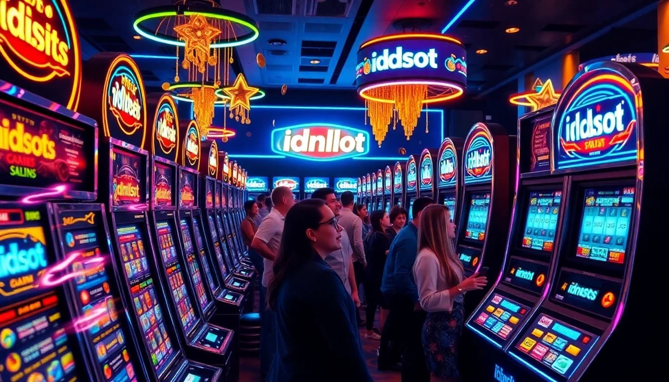 Players winning on idnslot machines amidst an exciting casino atmosphere with bright lights.