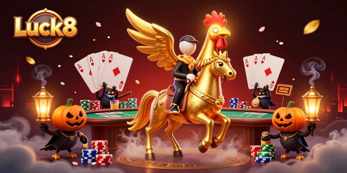 Experience the thrill of gaming at Luck8 casino with golden rooster and vibrant poker elements.