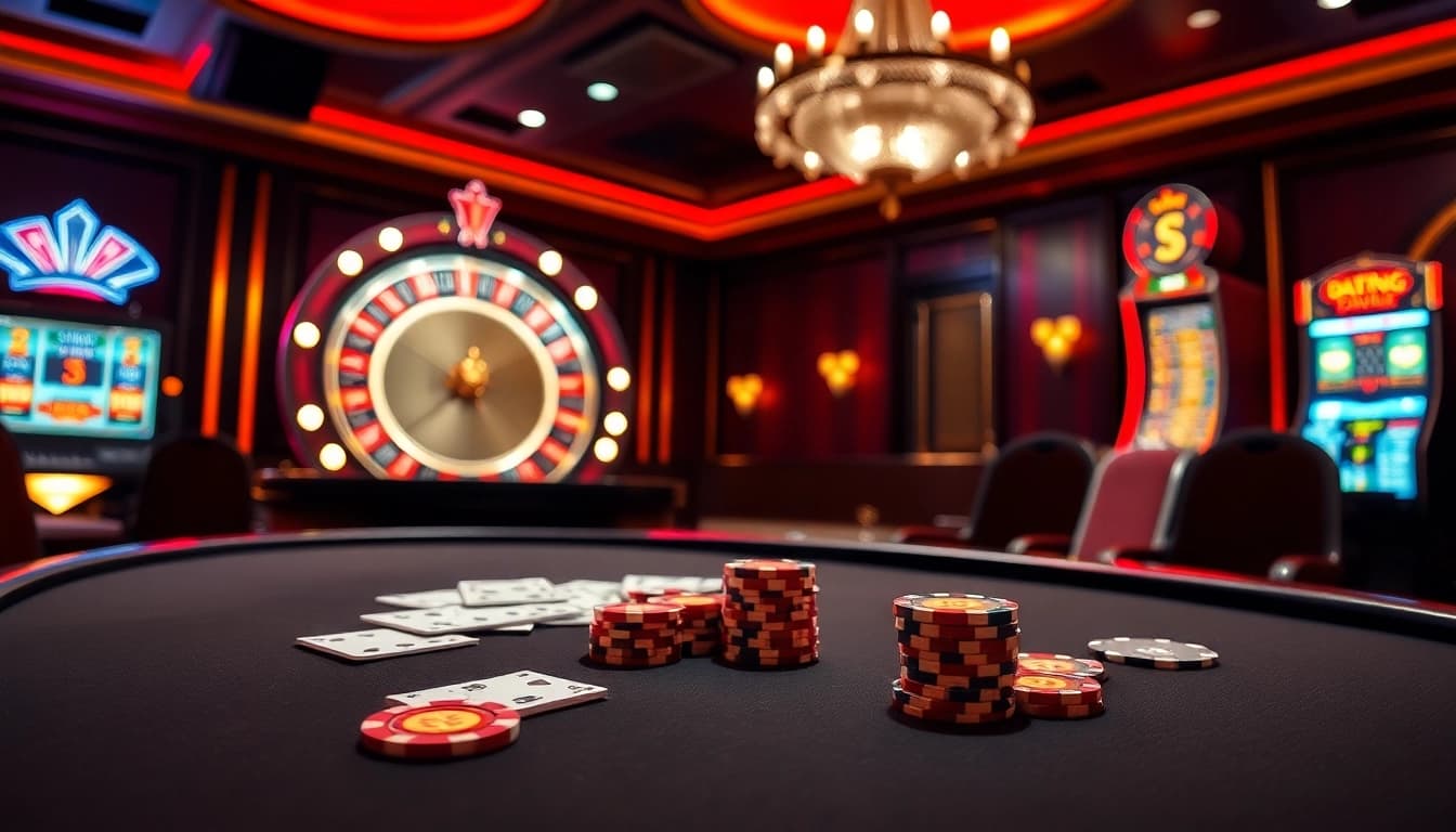 Rasakan sensasi Datukwin di meja poker elegan yang dikelilingi elemen kasino yang berwarna-warni.