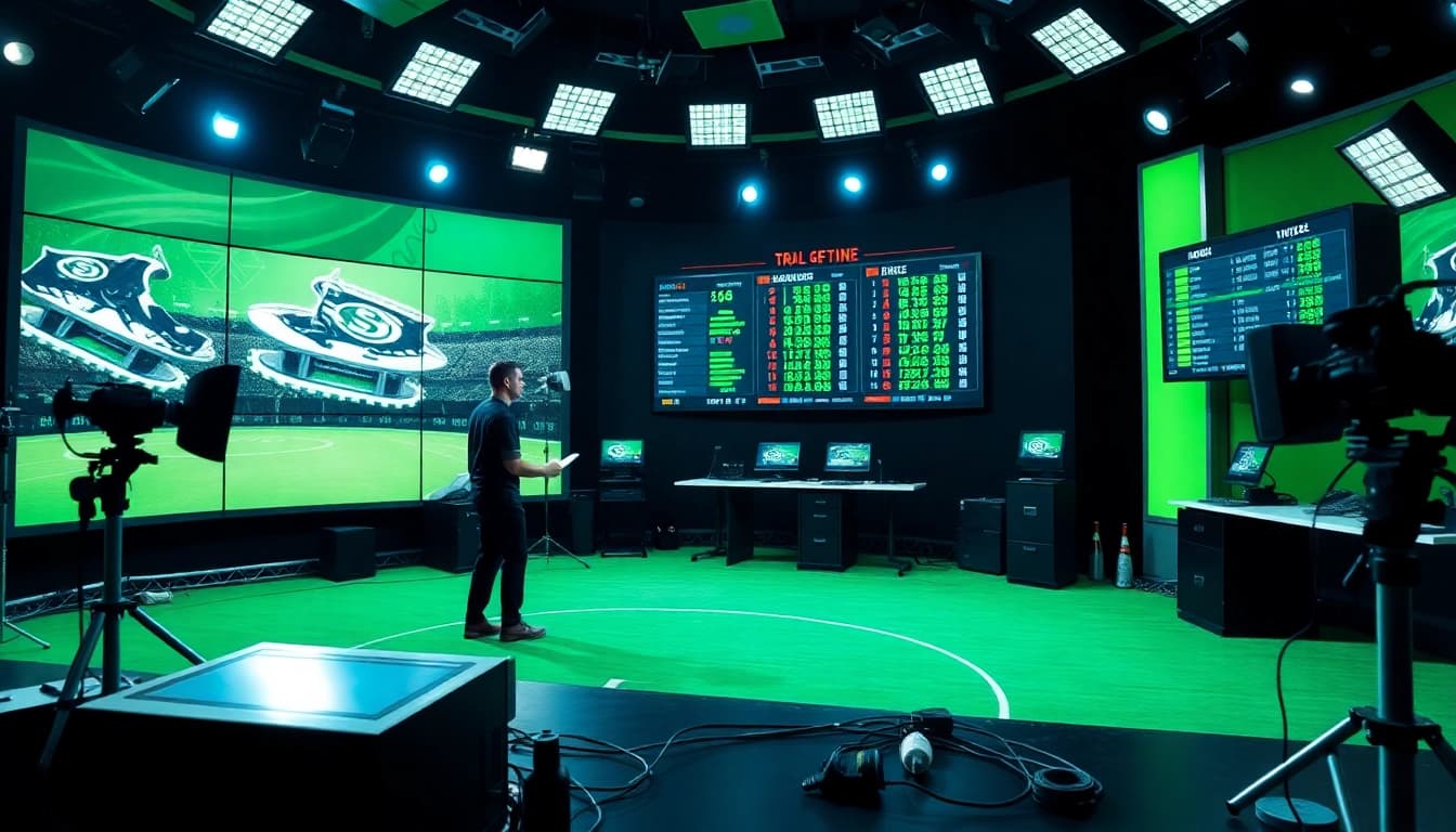 Sports broadcasting anchor presenting live analysis in a dynamic studio setting.