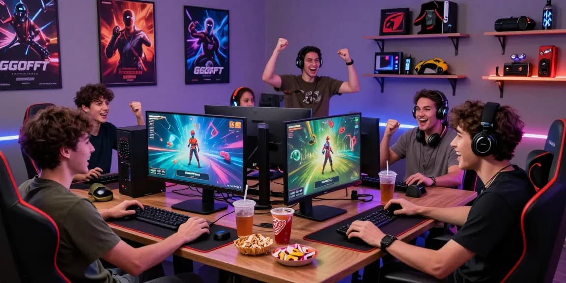 Pengalaman bermain game GG SOFT dengan teman-teman di ruang gaming bersemangat dan nyaman.