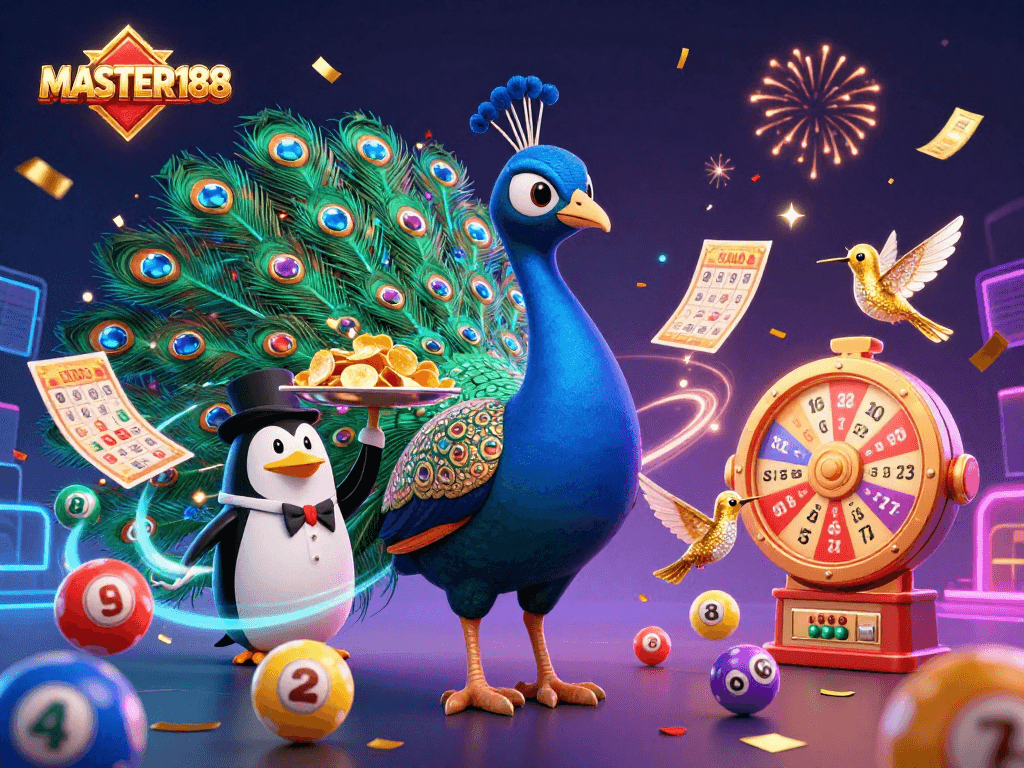 Engage with the excitement of gaming at MASTER188 with a vibrant, celebratory scene full of lottery elements