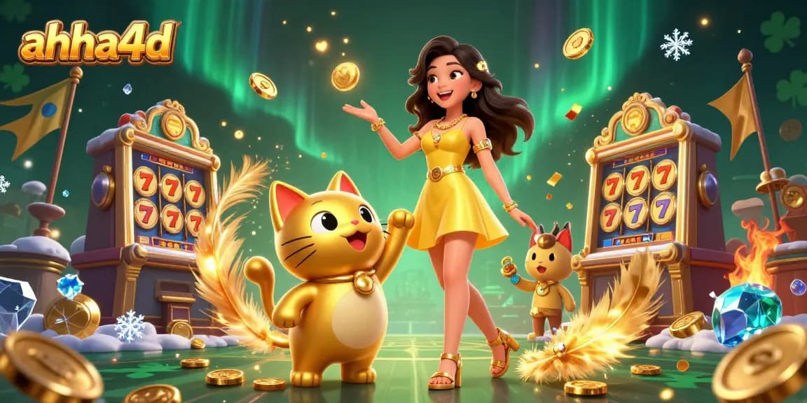 Engage with ahha4d's vibrant slot gaming scene illustrated with a cheerful lady and a lucky cat.