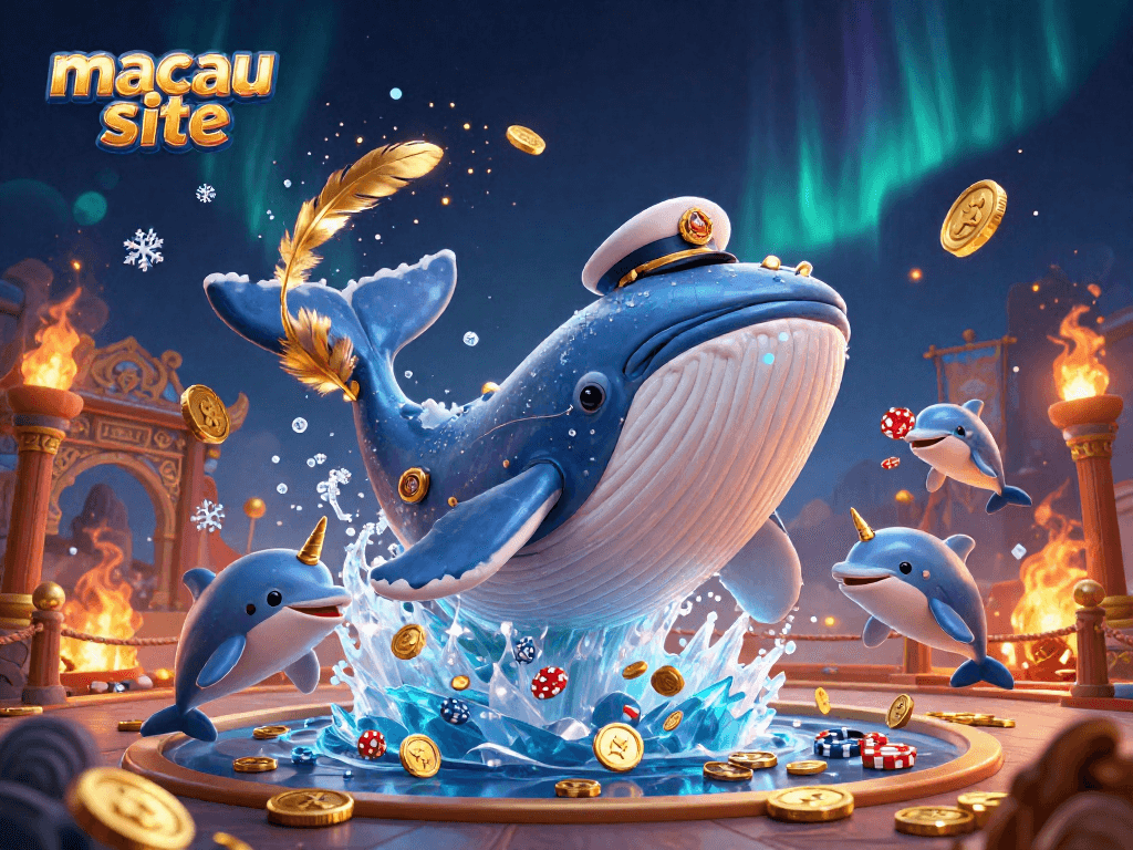Engage with the macau site featuring whales and dolphins in a vibrant casino-themed illustration.
