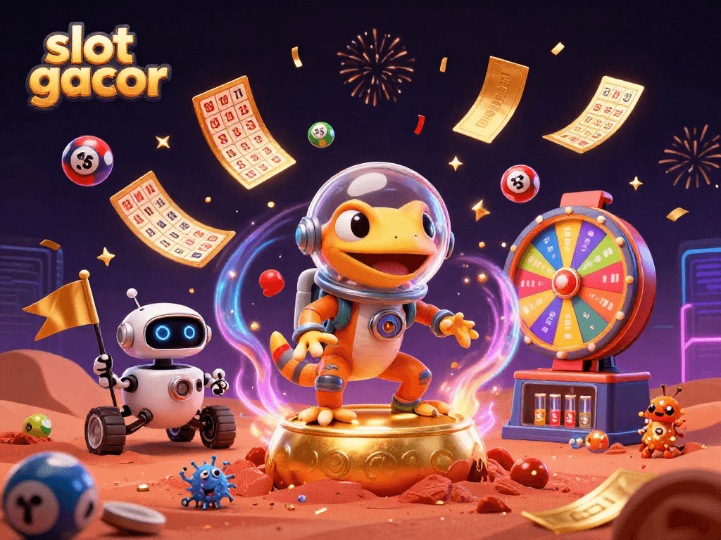 Menangkan slot gacor dengan ilustrasi ceria gecko Mars di kasino emas, dikelilingi bola lotre berwarna-warni.