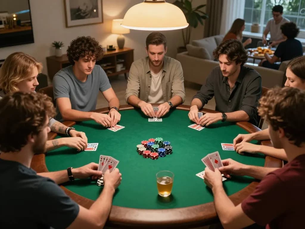 Players analyzing data hk during an intense poker game night at home, vibrant atmosphere