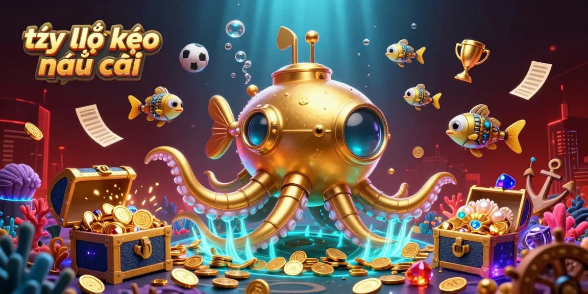 Tỷ lệ kèo nhà cái illustrated with a golden kraken submarine and mechanical fish in a rich treasure scene.