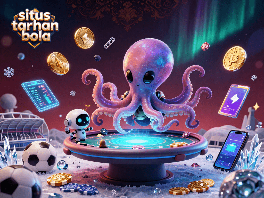 Engage in situs taruhan bola sports betting with a vivid 3D illustration featuring a cartoon alien octopus at a poker table.