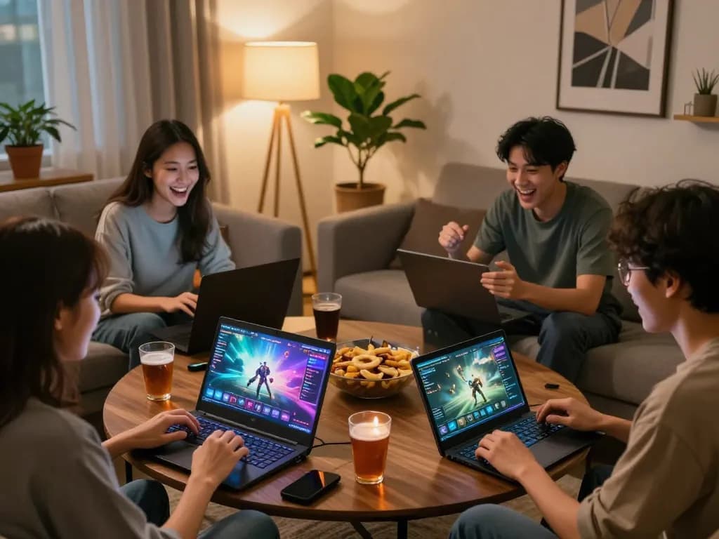 Friends enjoying competitive gameplay on istana404 in a cozy home setting