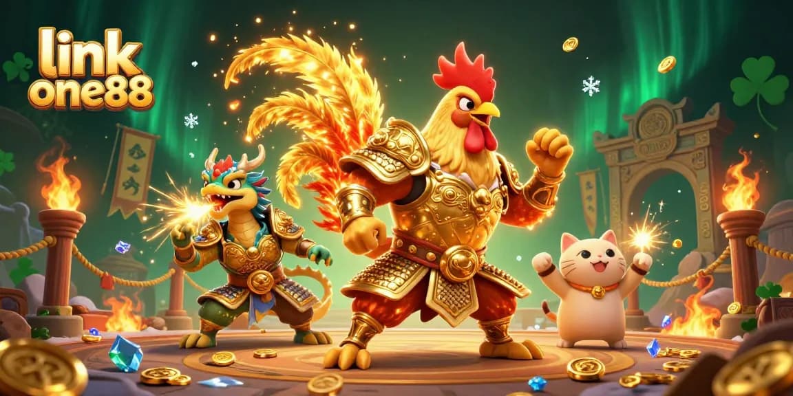 Experience thrilling action with link one88's dynamic 3D casino illustration featuring warrior characters and vibrant game elements.