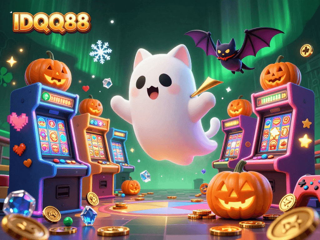 IDQQ88 delivers a thrilling gaming experience amid a haunted casino, featuring a ghost cat and vibrant game elements.