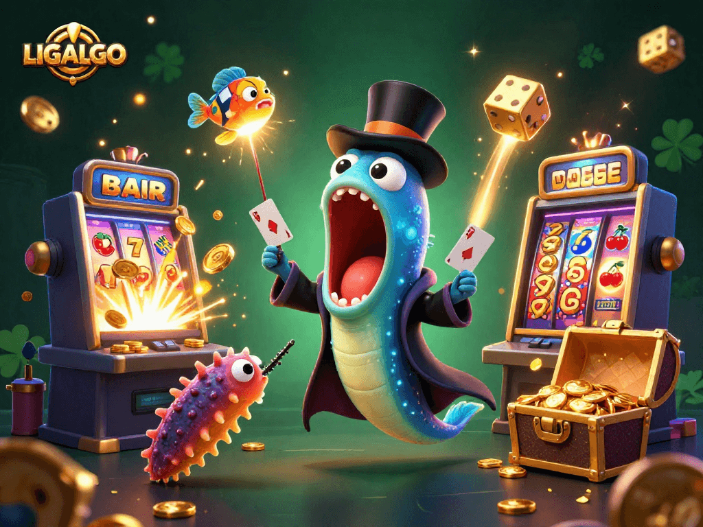 LIGALGO showcases a magical casino scene with animated characters, slot machines, and vibrant effects.