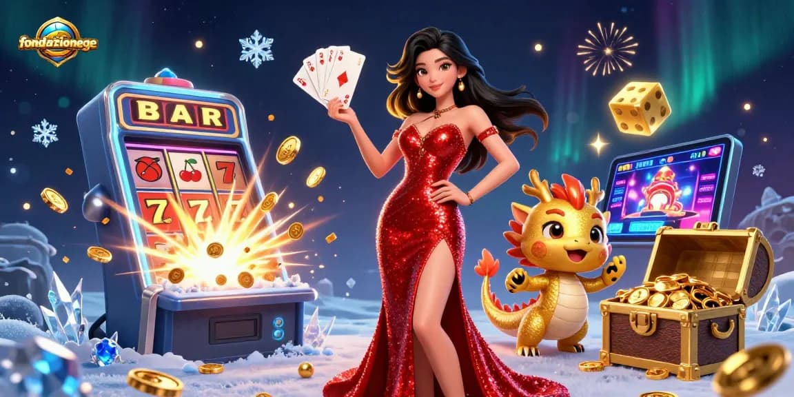 Engage with fondazionege's dynamic casino scene featuring a stylish woman and a playful dragon.
