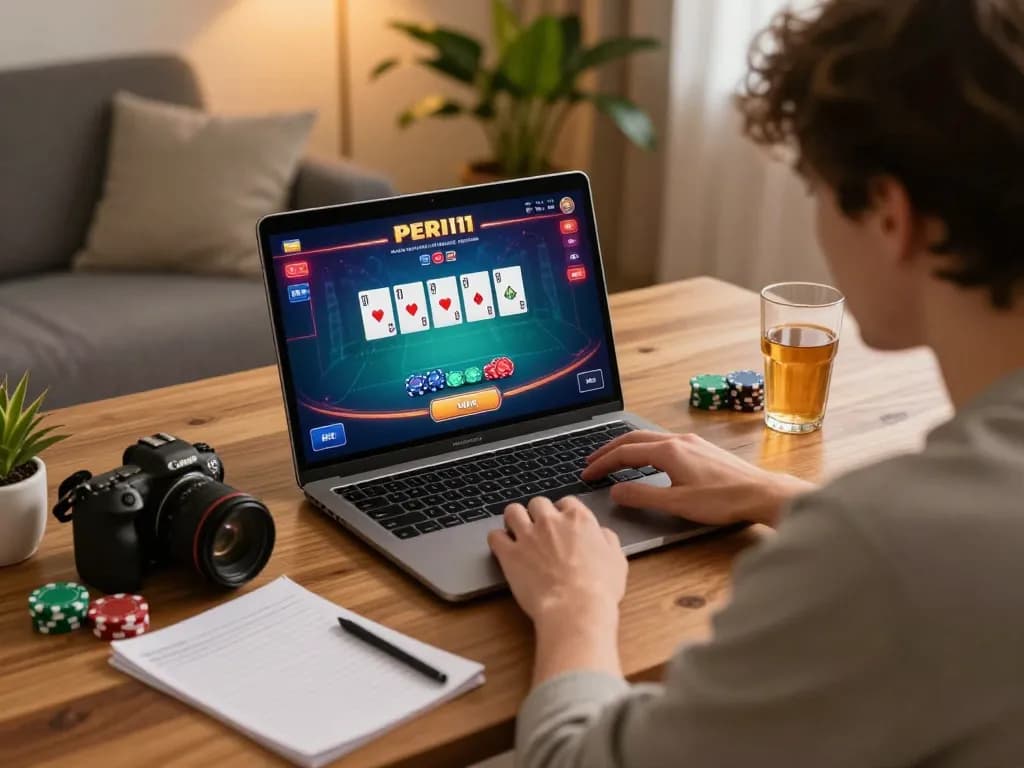 Engaged in a high-stakes PERI11 poker game, showing user using laptop and chips.