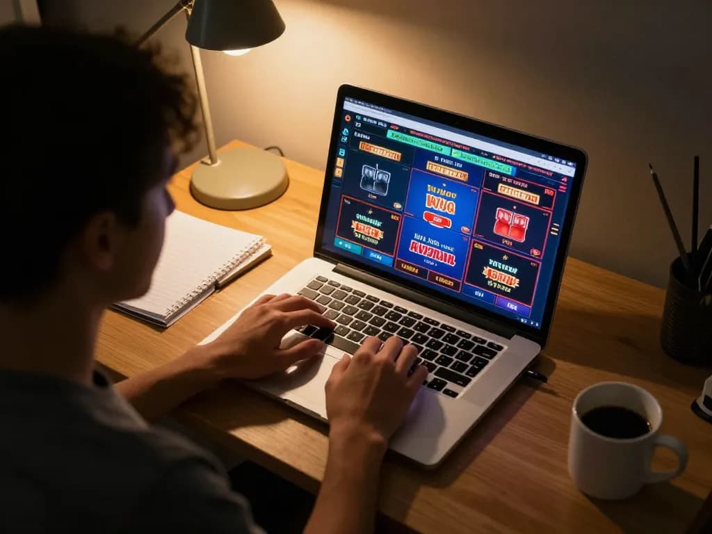King88 online gaming session with intense focus on the laptop screen showing casino games