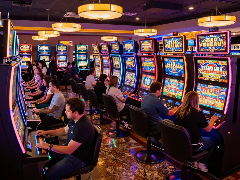 KADAL 778 players spin slots in colorful casino atmosphere, excitement captured in vivid gaming scene.