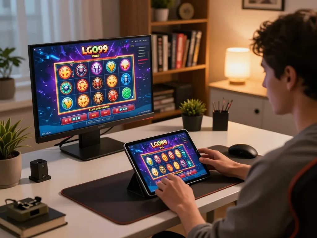 LGO99 app gameplay on a tablet in a cozy online gaming setup, highlighting strategic gambling.