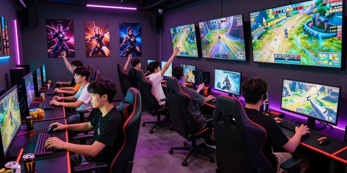 Suasana permainan IMBAJP yang dinamis dengan pemain yang beragam dan setup gaming canggih.
