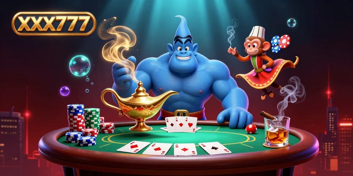 Experience thrilling poker action with xxx777 featuring a mighty genie, vibrant poker chips, and stunning casino elements.