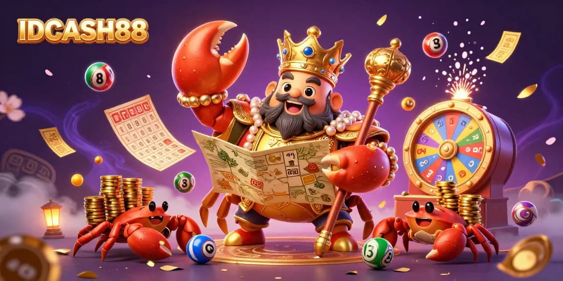 Join the excitement at IDCASH88 with vibrant lottery elements and a regal crab emperor promoting gaming fun.