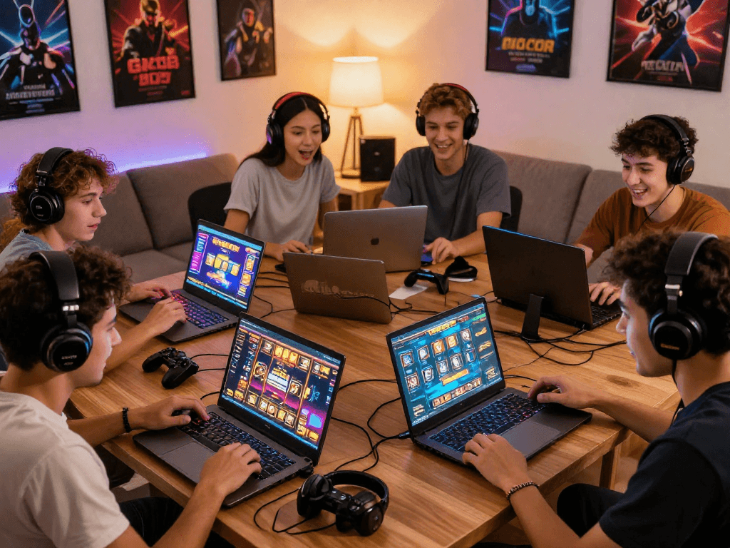 Excited players enjoying the thrill of slot gacor games in a cozy gaming setup.