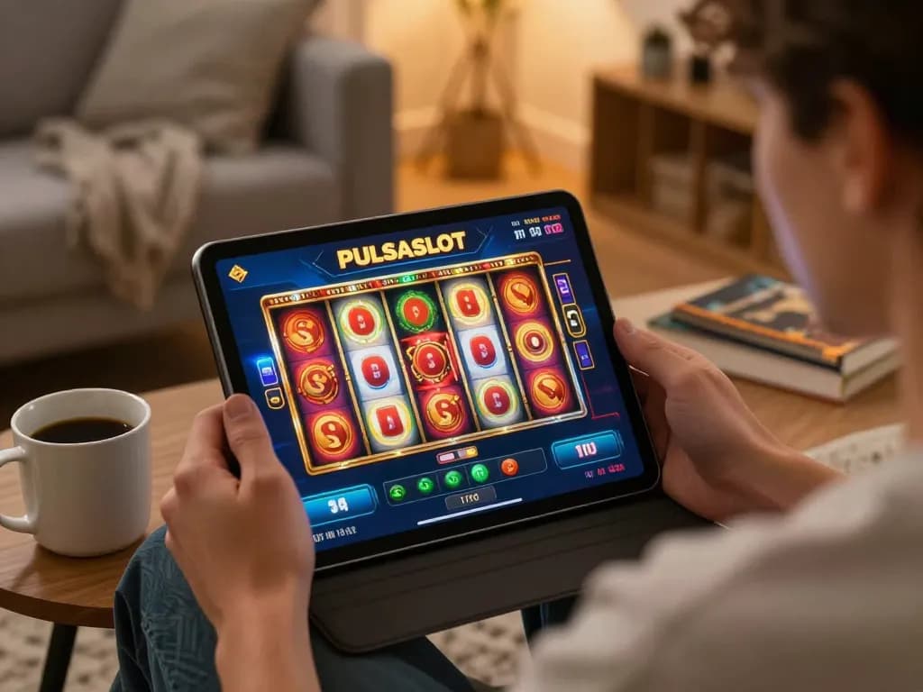 PULSASLOT user enjoying online slot games on a tablet in a cozy living room setting.