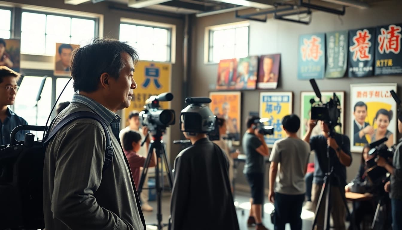 Menggambarkan suasana film jepang dengan sutradara dan kru di lokasi syuting.