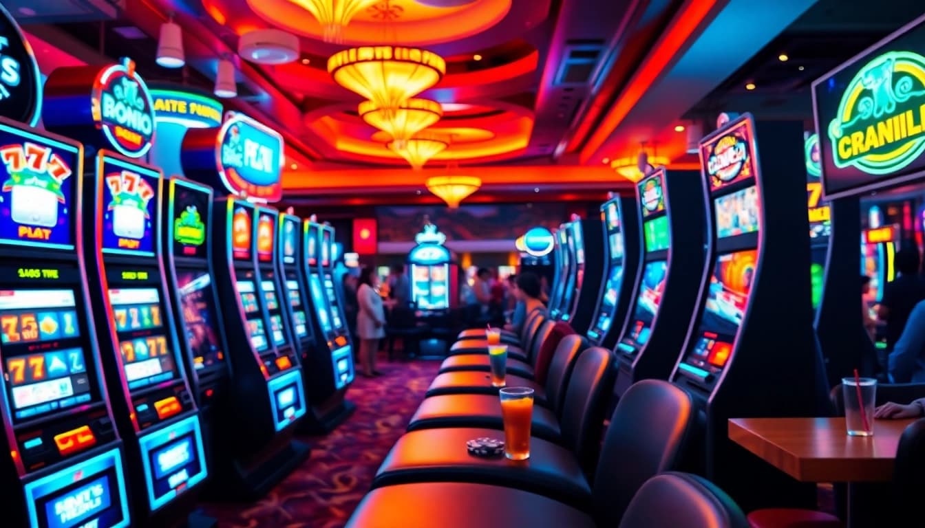 Slot yang berwarna-warni dan menarik di kasino dengan pemain terlibat.