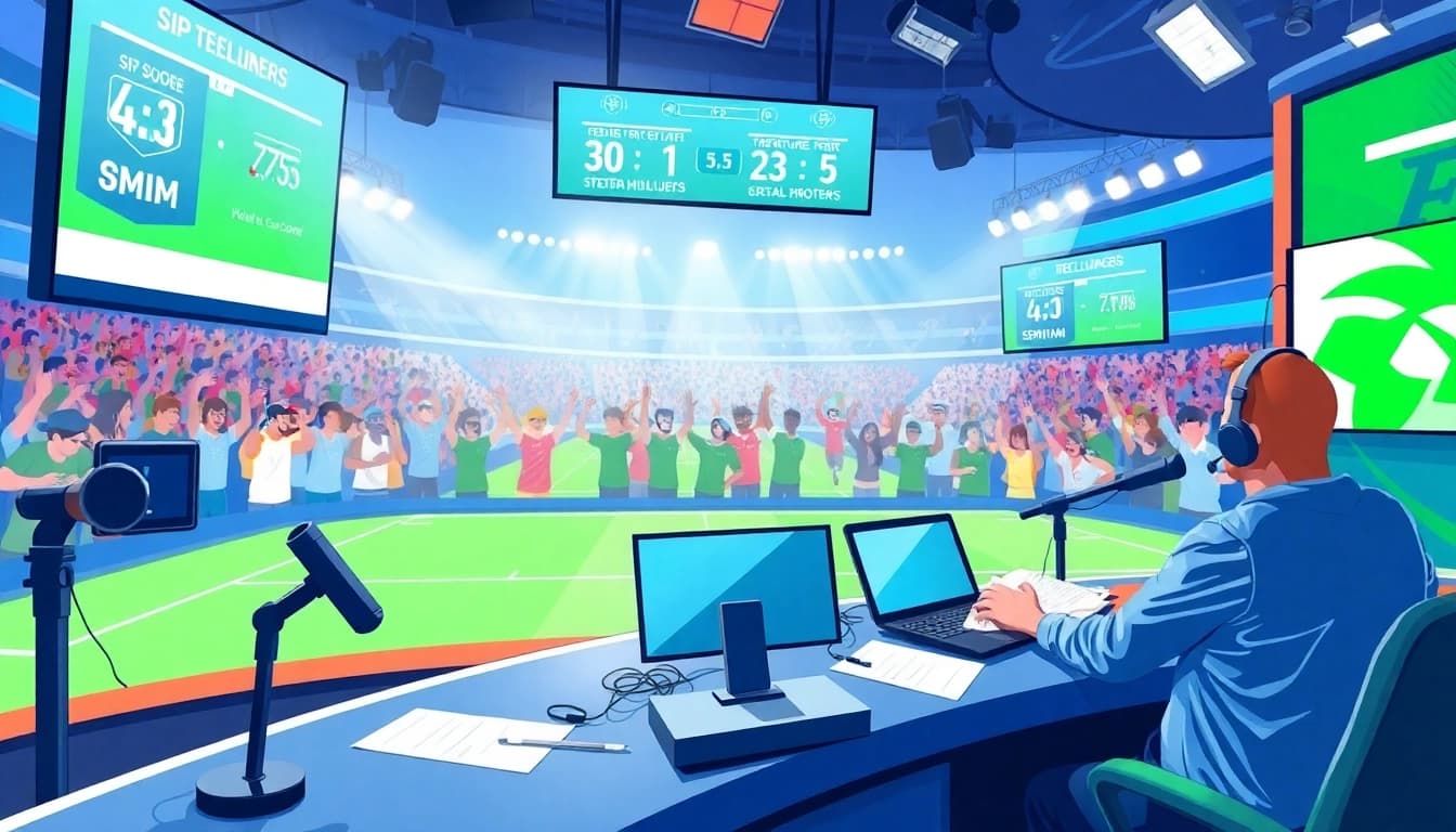 Engaging sports broadcasting scene showcasing a lively studio with hosts and live scores.