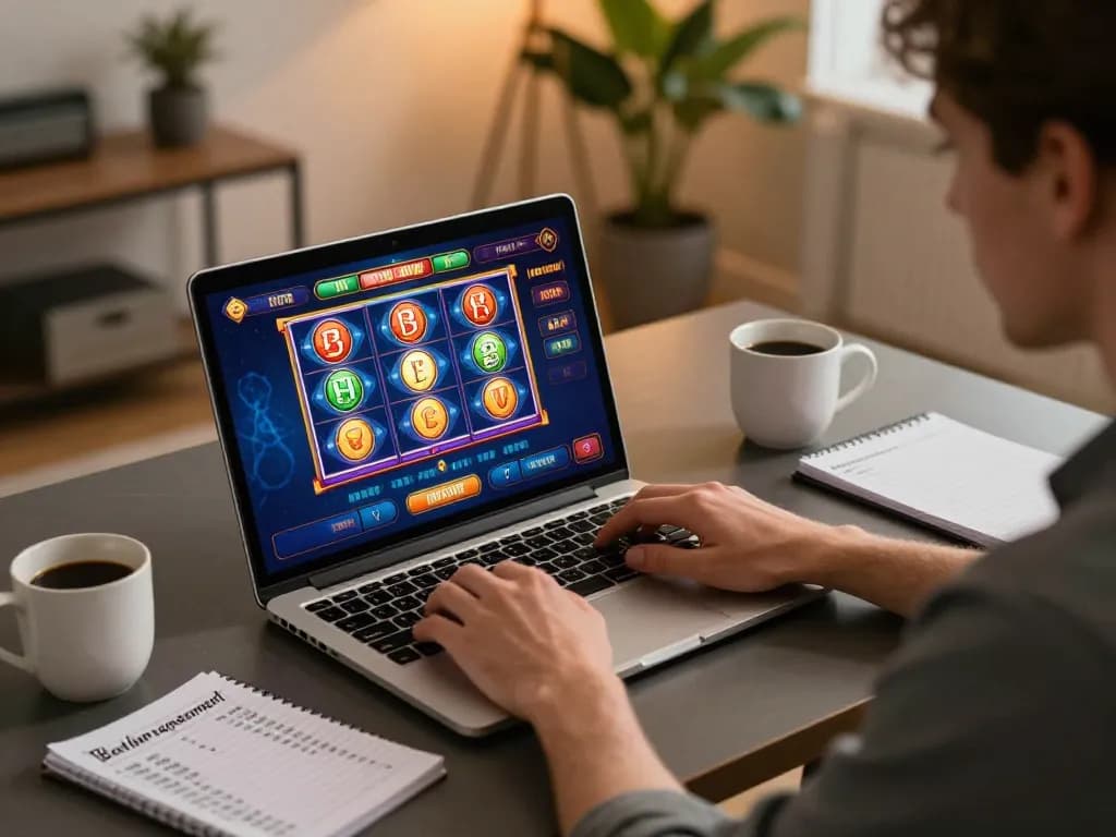 LGO SUPER player enjoying online slots on laptop, creating a strategic gaming environment with notes and coffee
