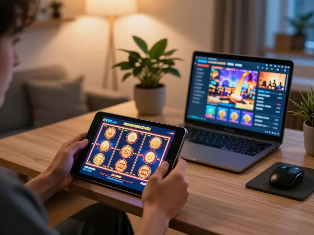 Player engaging with KJC mobile casino app on tablet in a cozy, vibrant home office