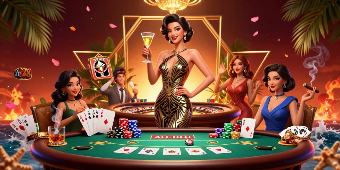 Experience excitement at lv88 with a glamorous Asian dealer amidst vibrant poker and casino elements.