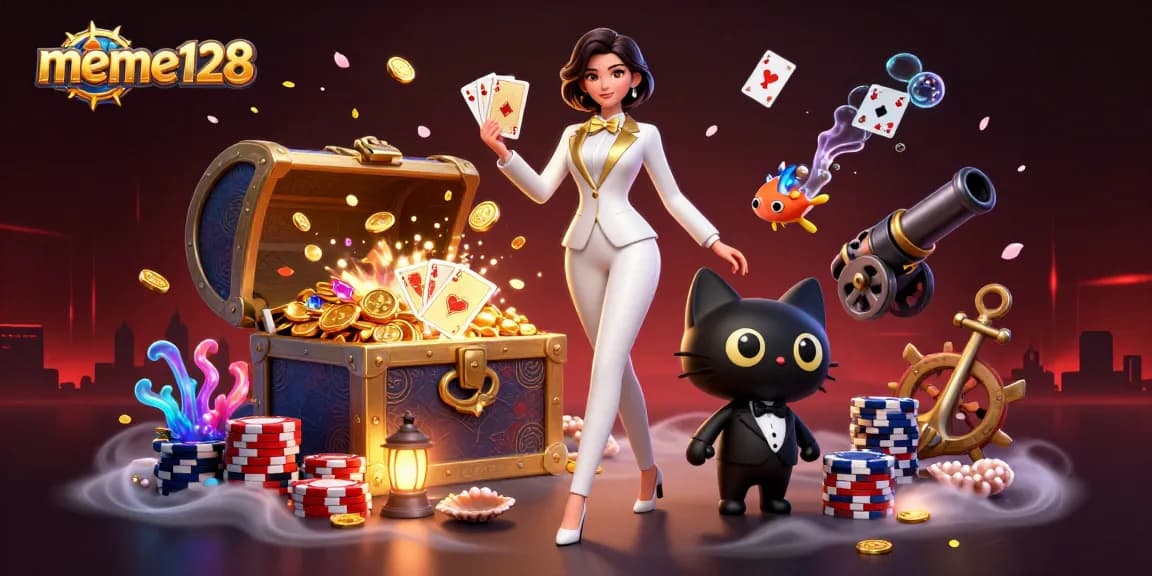 Experience big wins at meme128 with this dynamic casino illustration featuring a card-shuffling woman and a playful cat.