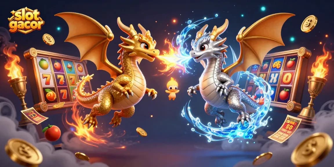Menggunakan slot gacor dengan karakter naga 3D terbang bersamaan, dikelilingi elemen permainan slot.
