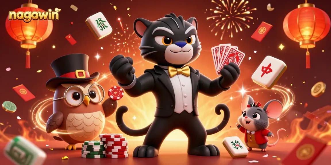 Nagawin showcases an elegant panther dealing cards, owl with poker chips, and lucky mouse in a vibrant casino setting.