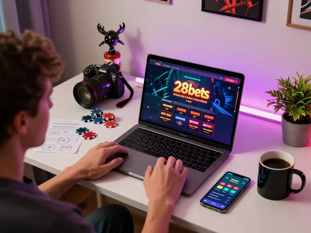 Person engaging with 28bets casino on laptop in a cozy gaming setup, illustrating strategic online gambling.