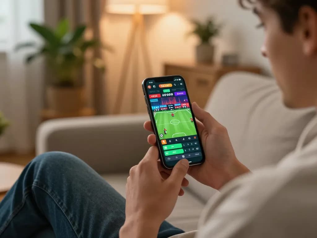 Player using sports betting app on smartphone for ug886, showcasing excitement in a cozy home.