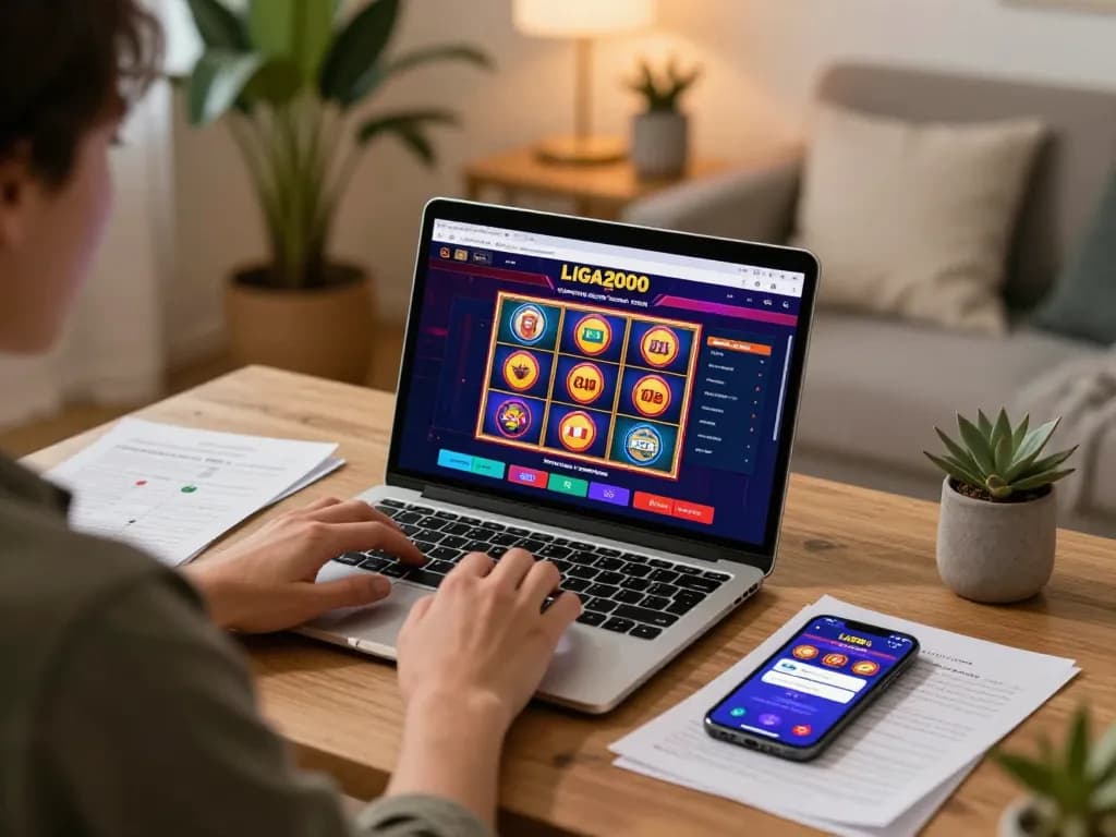 LIGA2000 player engaging with exciting slot games in a cozy home setting