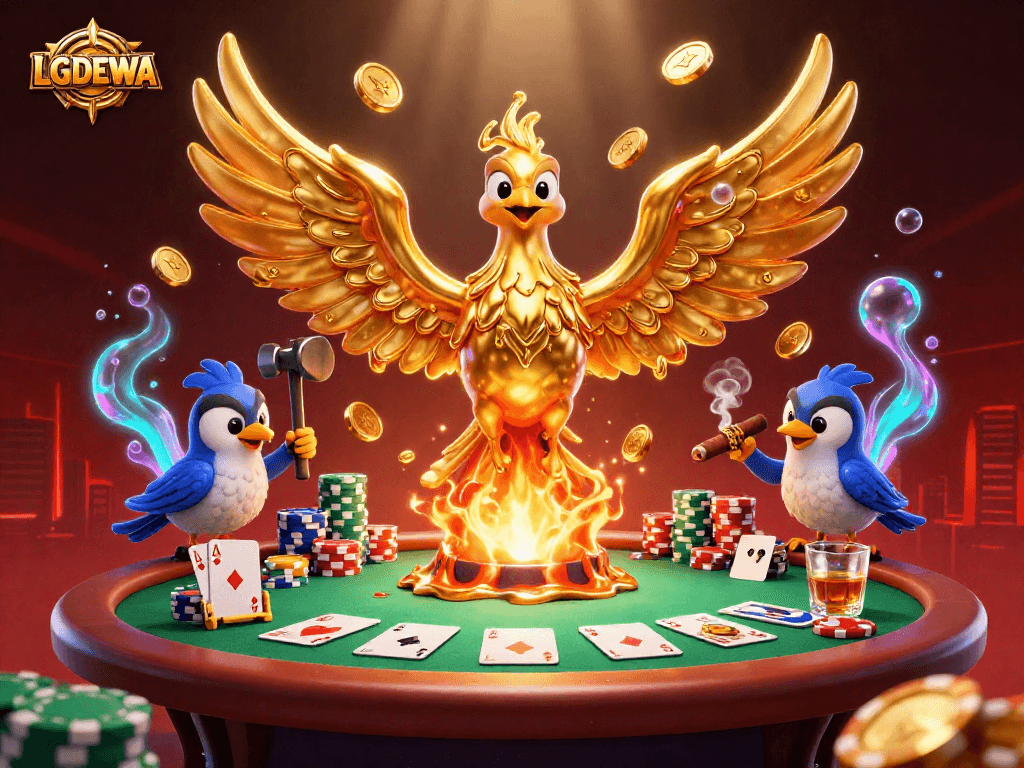 Experience the thrill of LGODEWA with a golden phoenix, poker elements, and vibrant casino atmosphere.