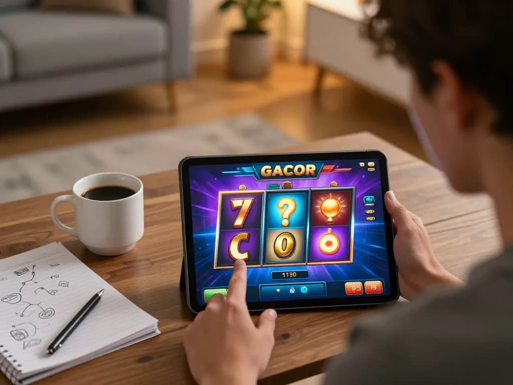 Engaging online gaming moment featuring a slot gacor game on a tablet in a cozy home setting