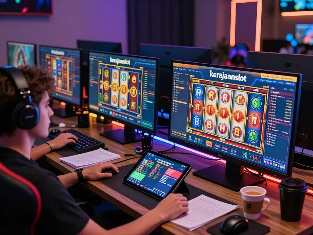 Engaging gameplay experience on kerajaanslot with player analyzing strategies at a modern gaming setup.