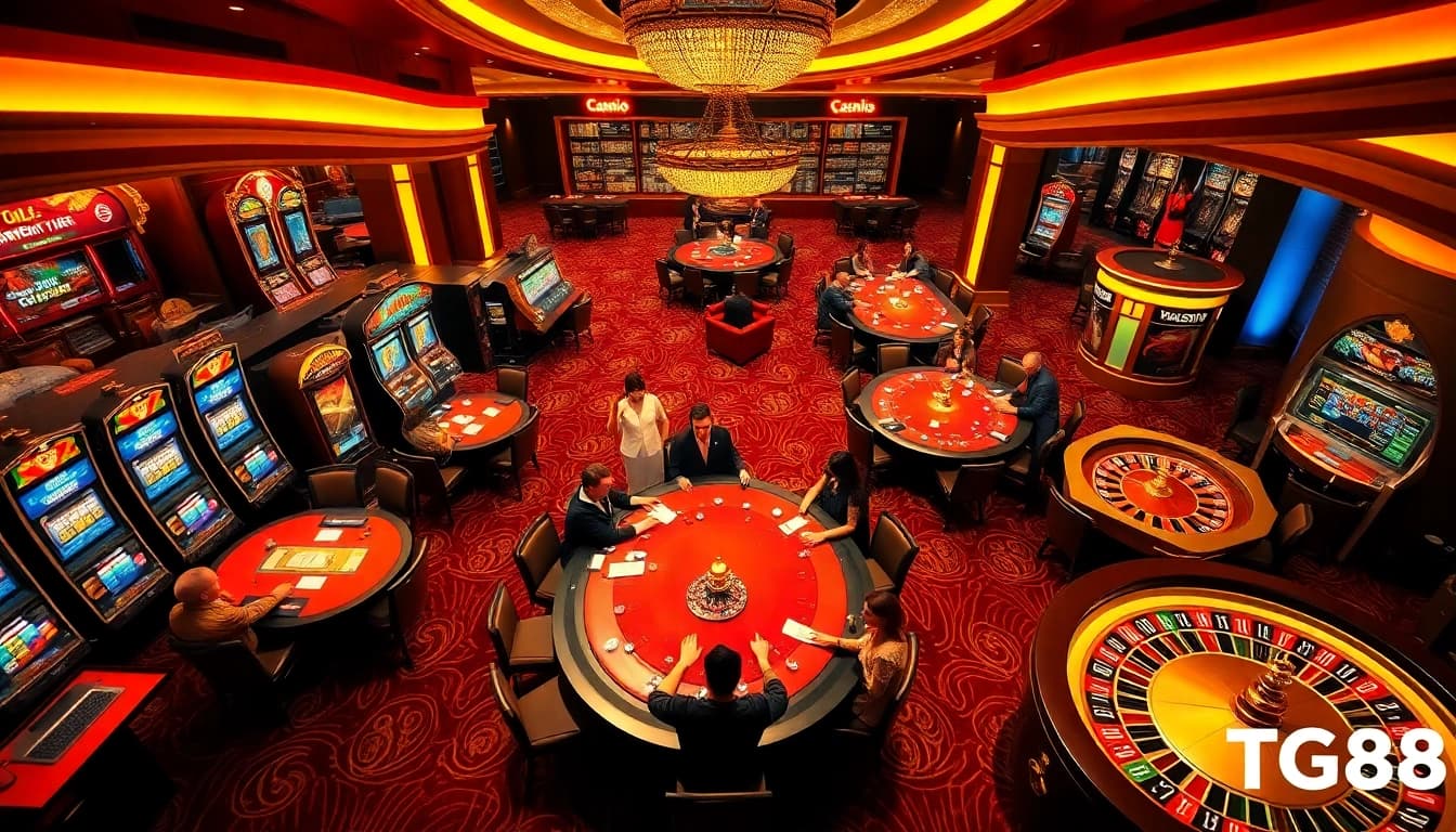 Experience the excitement of tg88 with vibrant slot machines and intense poker tables at a luxurious casino.