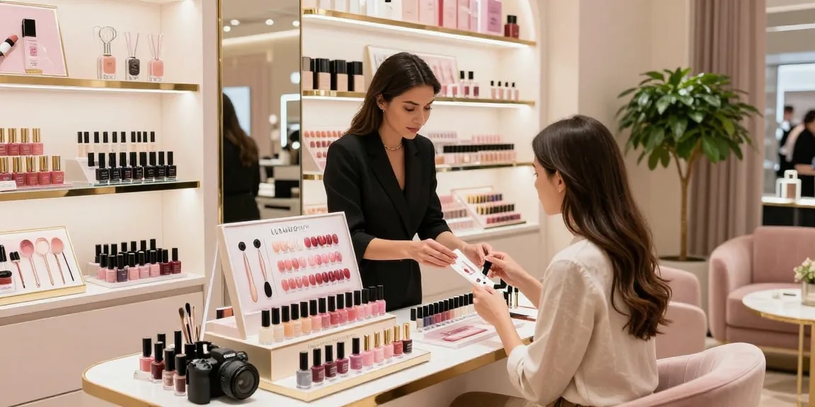 Pengalaman belanja produk LUXURY12 di toko kecantikan mewah dengan pencahayaan lembut.