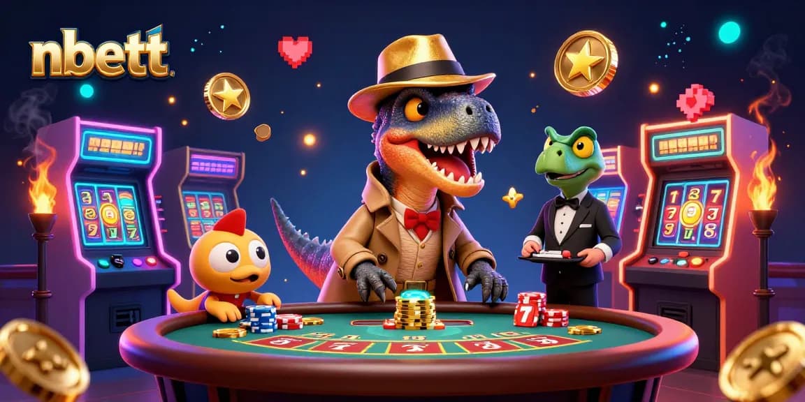 nbett showcases an online casino scene with a velociraptor at blackjack and vibrant gaming elements.