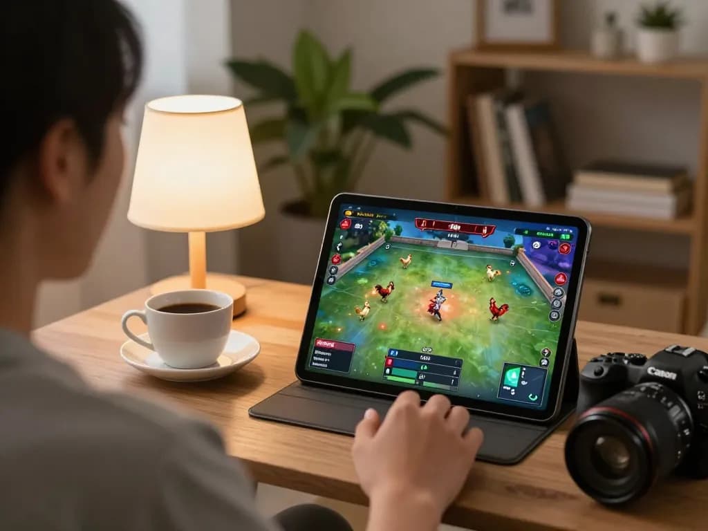 Cảnh tượng hấp dẫn của đá gà trực tuyến campuchia thomo với một người chơi trên máy tính bảng trong một không gian thoải mái, thể hiện bầu không khí game online.