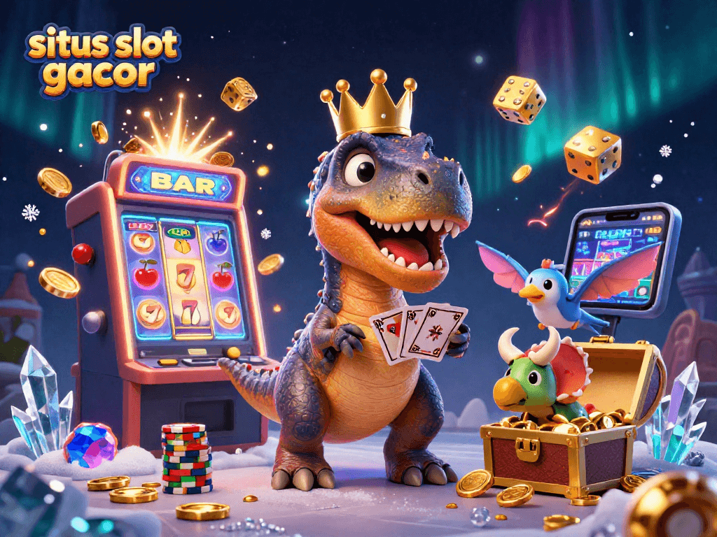 Experience situs slot gacor with a lively illustration of casino characters and games bursting with excitement.
